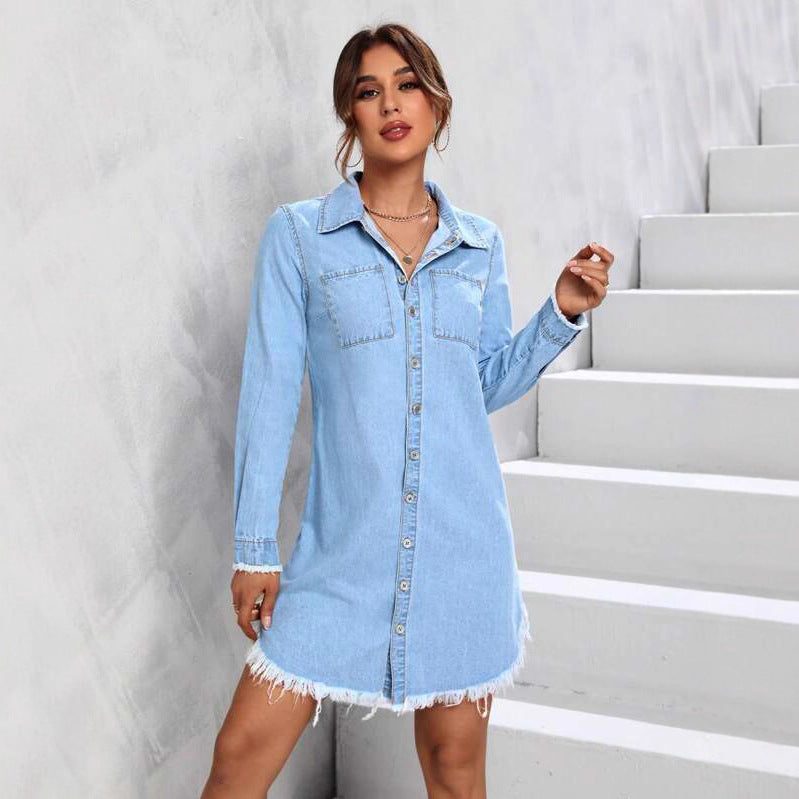 Denim Jacket Autumn Light Blue Frayed-Edge Shirt