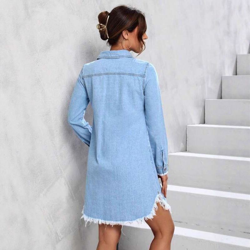 Denim Jacket Autumn Light Blue Frayed-Edge Shirt