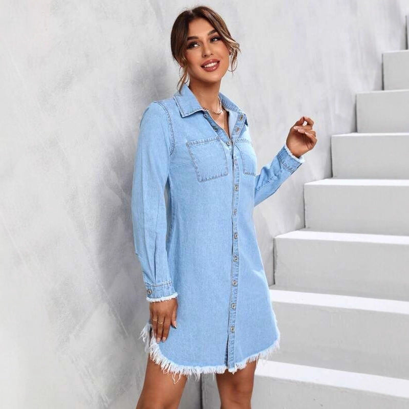 Denim Jacket Autumn Light Blue Frayed-Edge Shirt