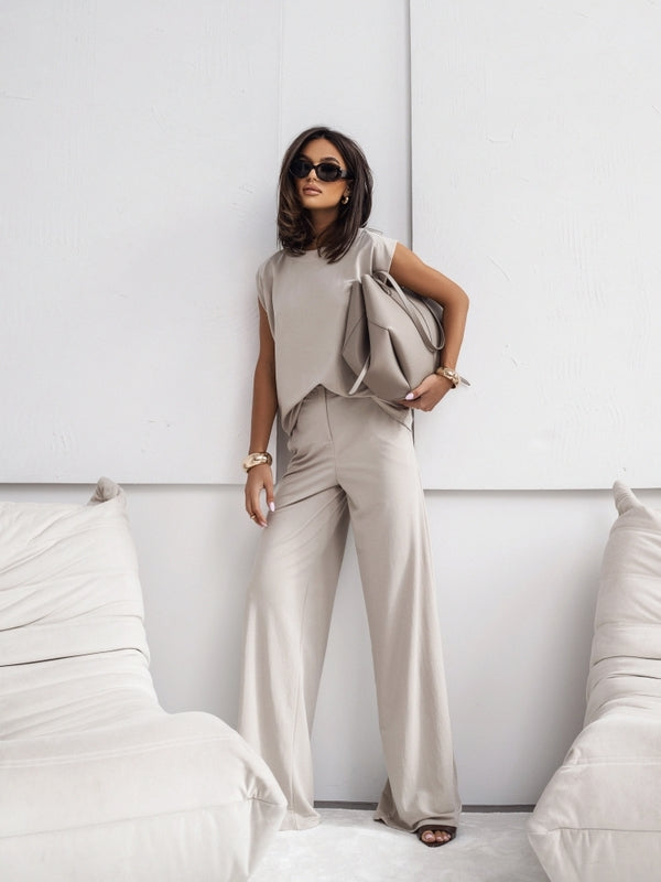 Casual Set Short Sleeve T-Shirt Vest Loose Wide Leg Pants Seasonal Comfort