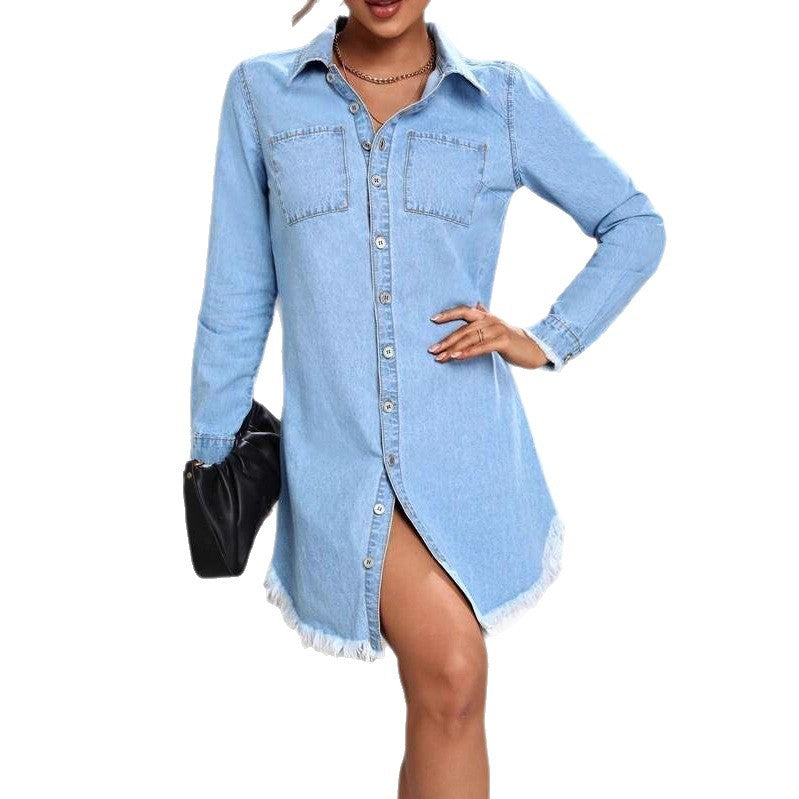 Denim Jacket Autumn Light Blue Frayed-Edge Shirt