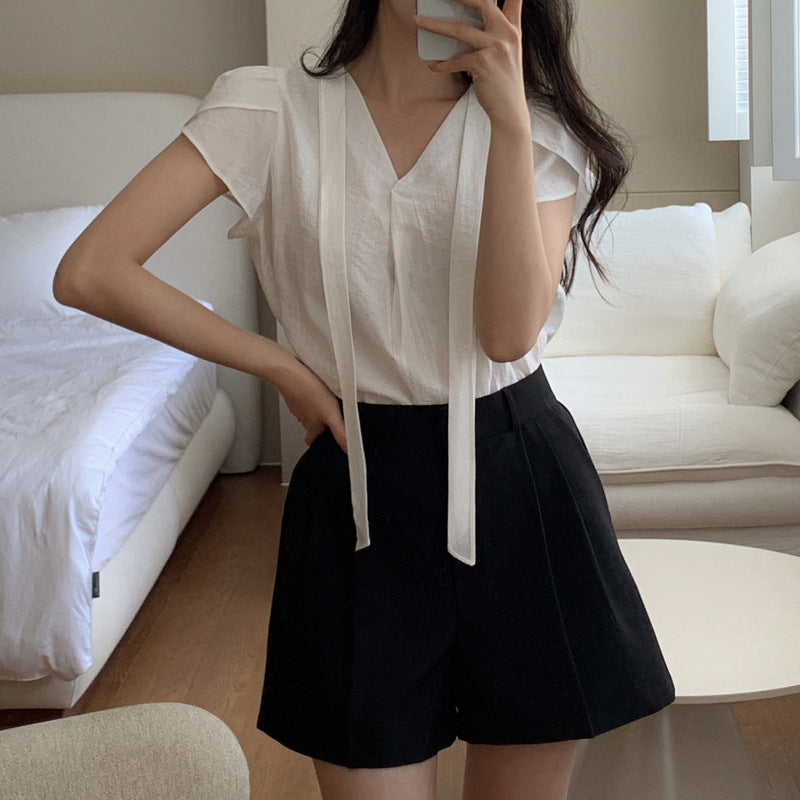 Ribbon-trimmed V-neck Ruffled-sleeve Loose-fitting Versatile Pullover Chiffon Blouse