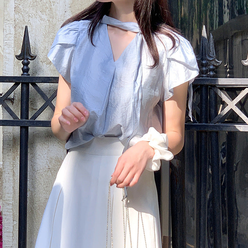Ribbon-trimmed V-neck Ruffled-sleeve Loose-fitting Versatile Pullover Chiffon Blouse